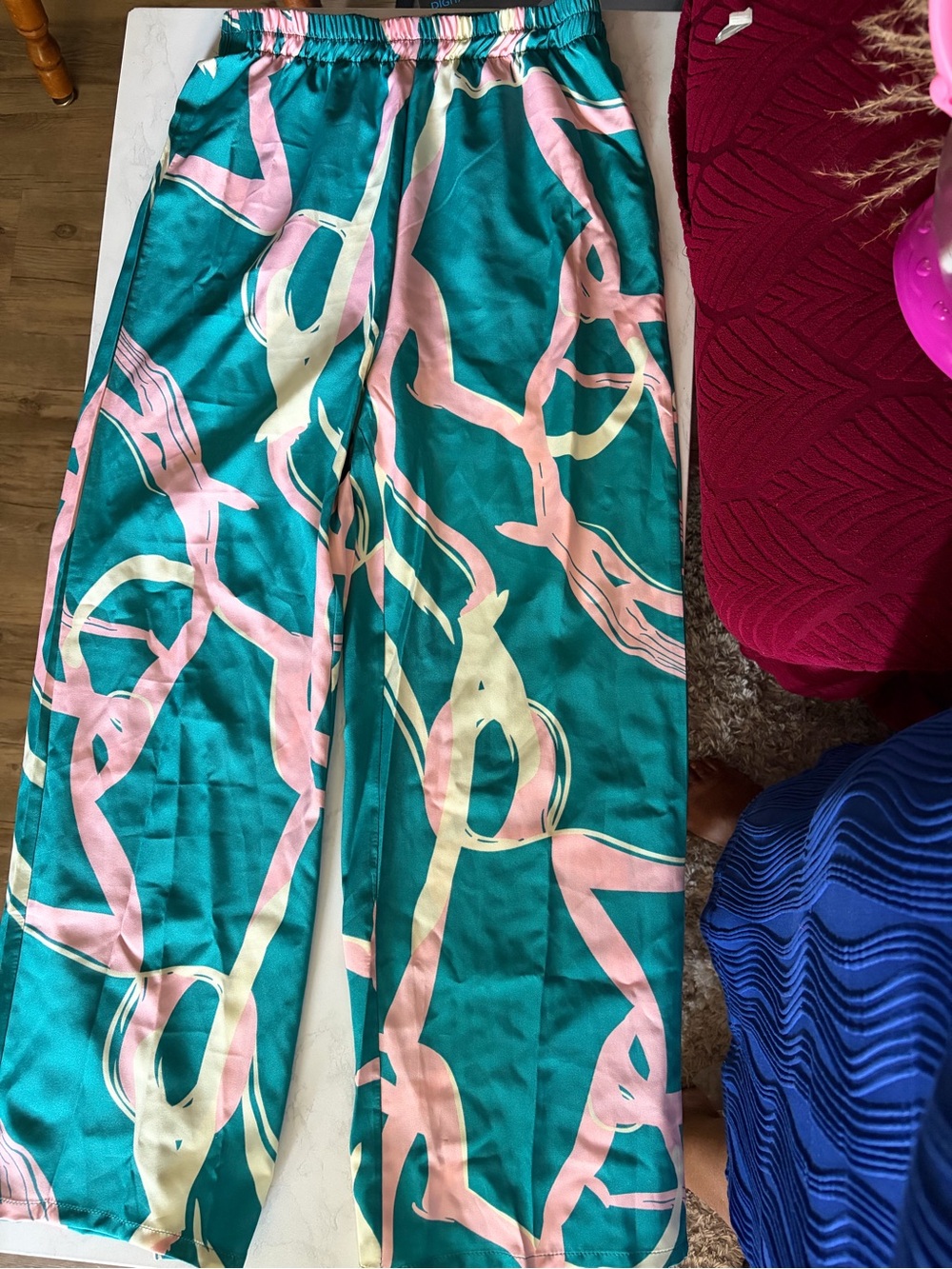 Wide-Leg Satin Pantsuit Pants in Teal with Pink & Cream Abstract Print
